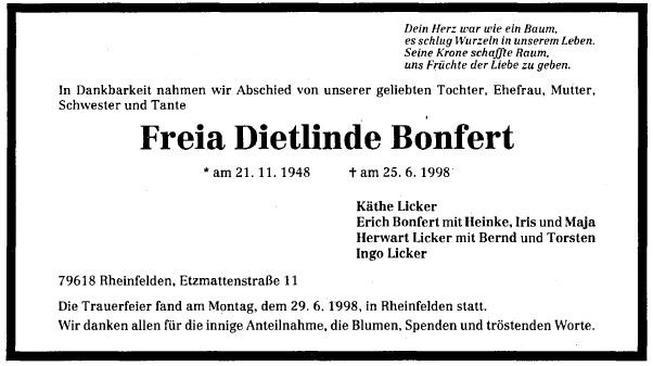 Licker Freia Dietlinde 1948-1998 Todesanzeige